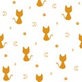 Seamless pattern with golden silhouettes of a kittens, moons, stars and paw prints on a white background Royalty Free Stock Photo